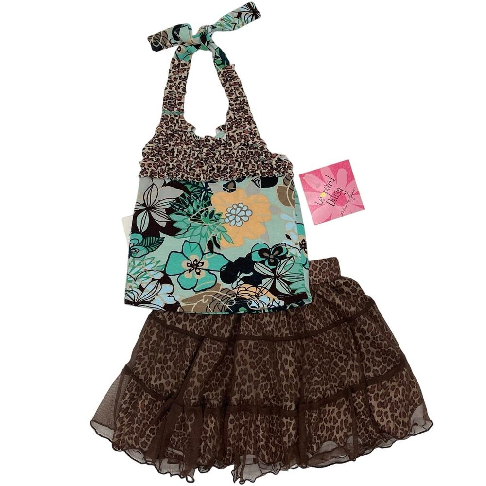New with Tags Boutique Leopard Daisy halter top and skirt outfit -4T